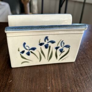 Vintage Signed Vintage Studio Art Pottery Napkin Holder Blue Iris Floral White